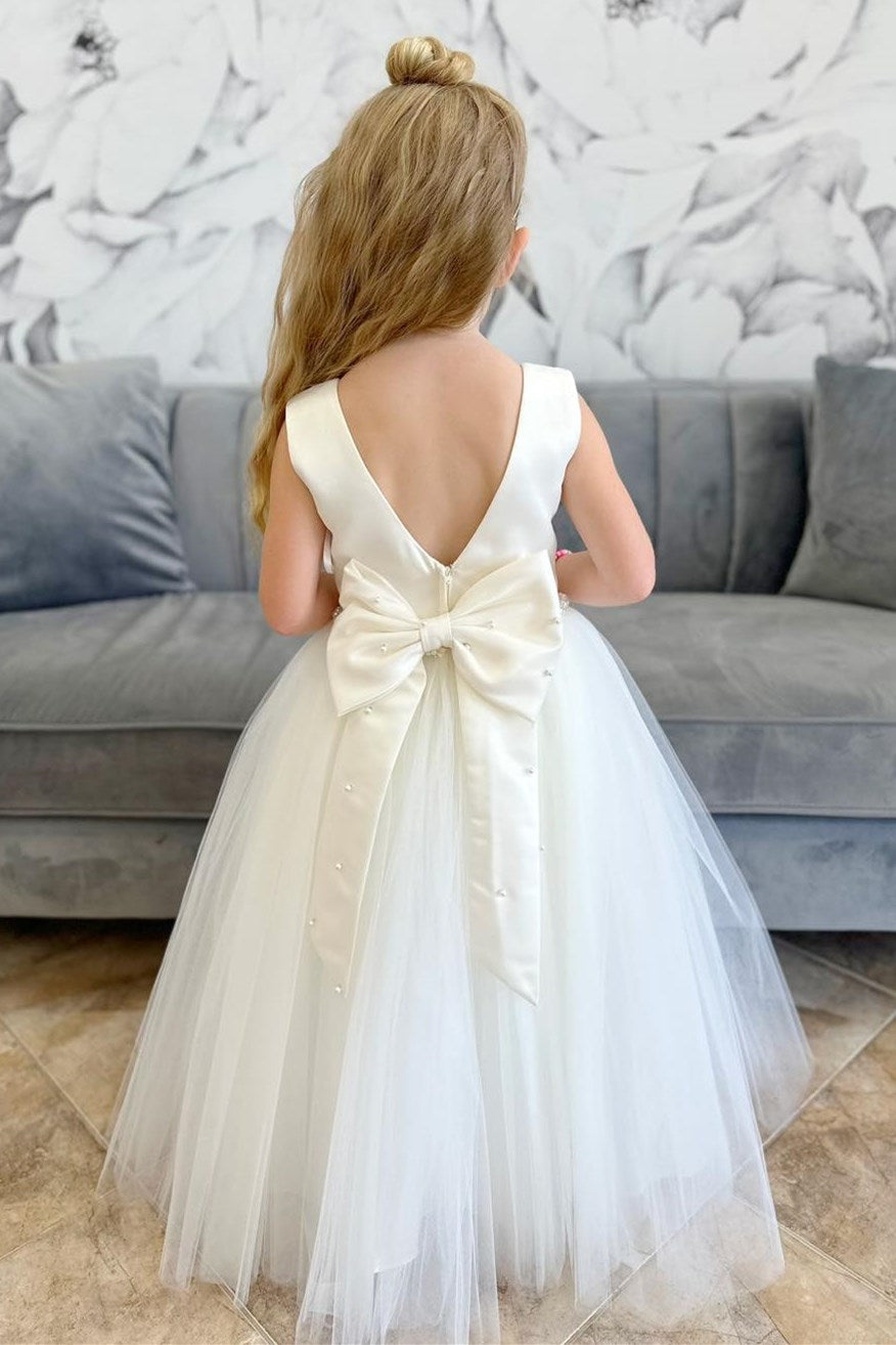 White Tulle Round Neck Bow-Back Flower Girl Dress Modsele White Tulle Round Neck Bow-Back Flower Girl Dress Modsele