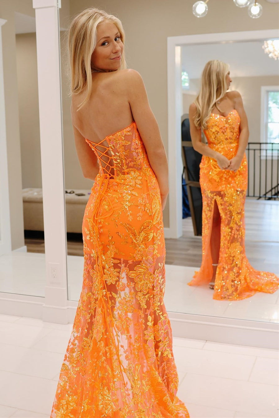 Orange Off-the-Shoulder Sequin Applique Mermaid Long Dress with Slit