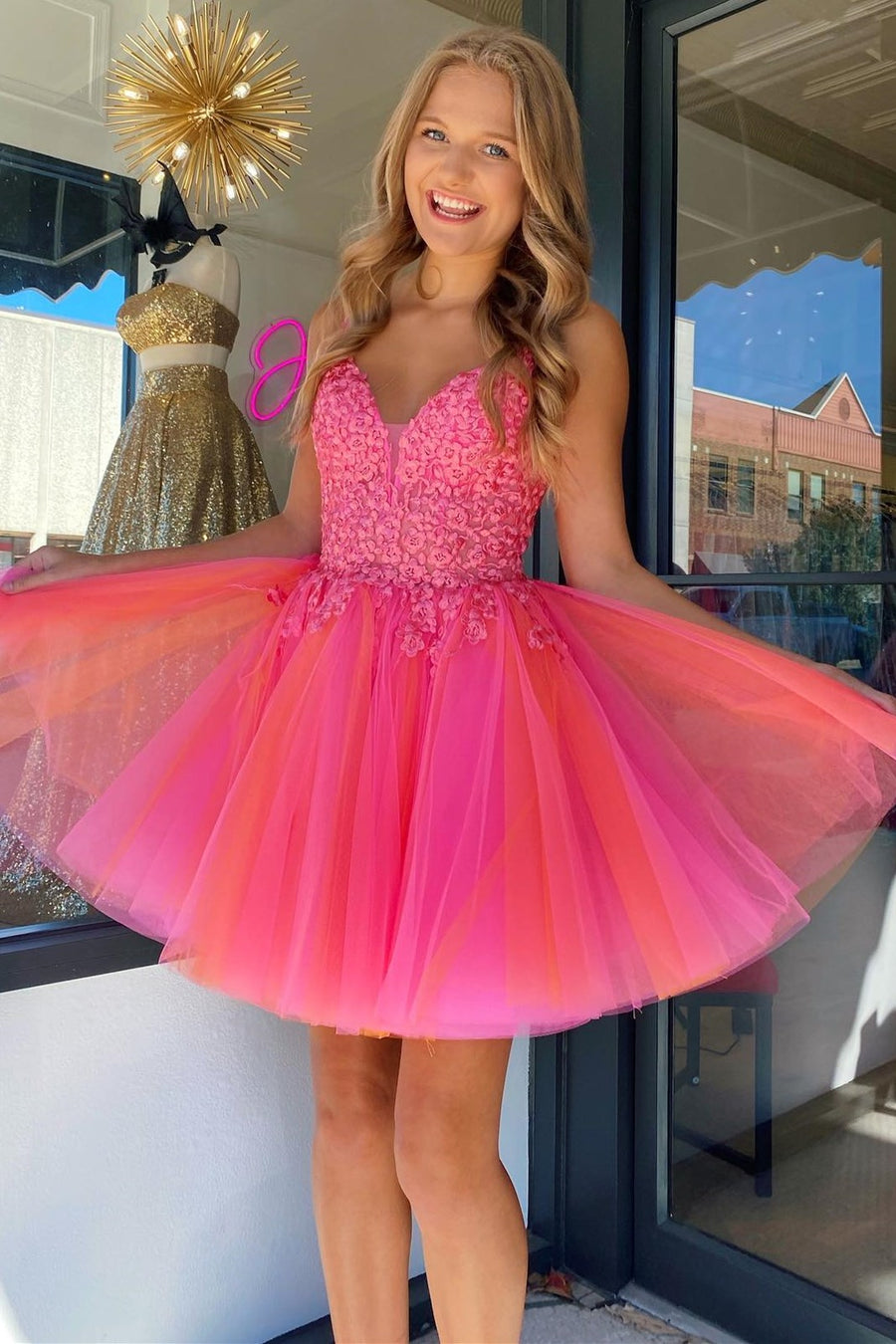 Hot Pink Floral Lace V-Neck A-Line Short Homecoming Dress