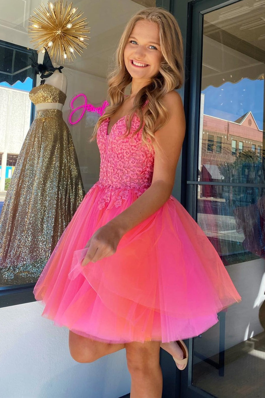 Hot Pink Floral Lace V-Neck A-Line Short Homecoming Dress Modsele Hot Pink Floral Lace V-Neck A-Line Short Homecoming Dress Modsele