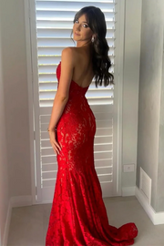 Strapless Red Appliques Mermaid Sleeveless Lace Long Prom Dress