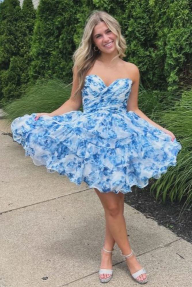 Blue Print Sweetheart Ruffle Homecoming Dress