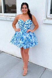 Blue Print Sweetheart Ruffle Homecoming Dress