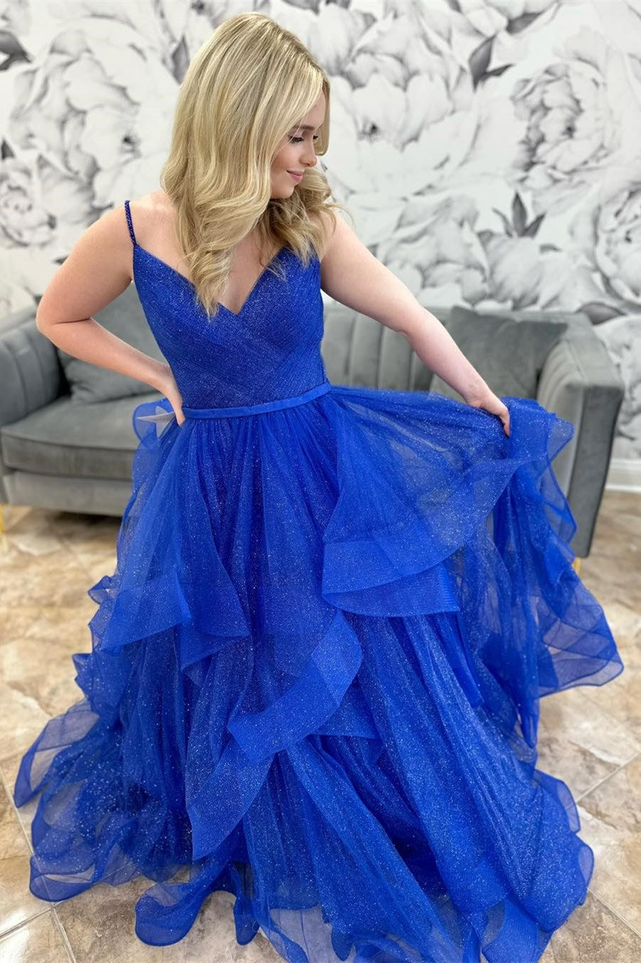 Royal Blue Sparkle Tulle V-Neck Multi-Layer Long Prom Dress