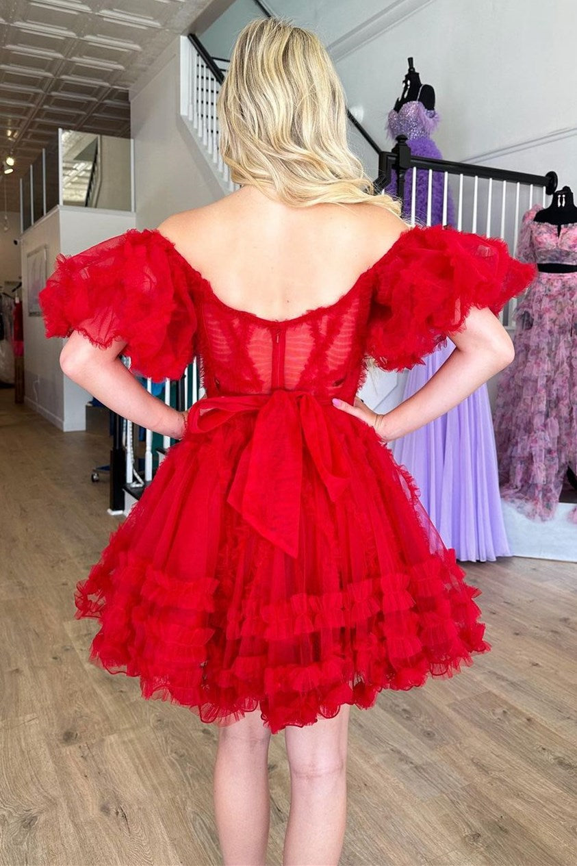 Red Sweetheart Puff Sleeve A-Line Short Party Dress with Ruffles