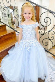 Light Blue Off-the-Shoulder Appliques Girl Birthday Dress with Attached Train
