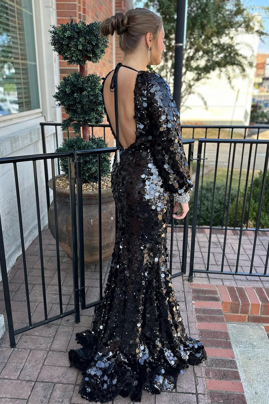 Black Sequin Backless Long Prom Dress with Long Sleeves