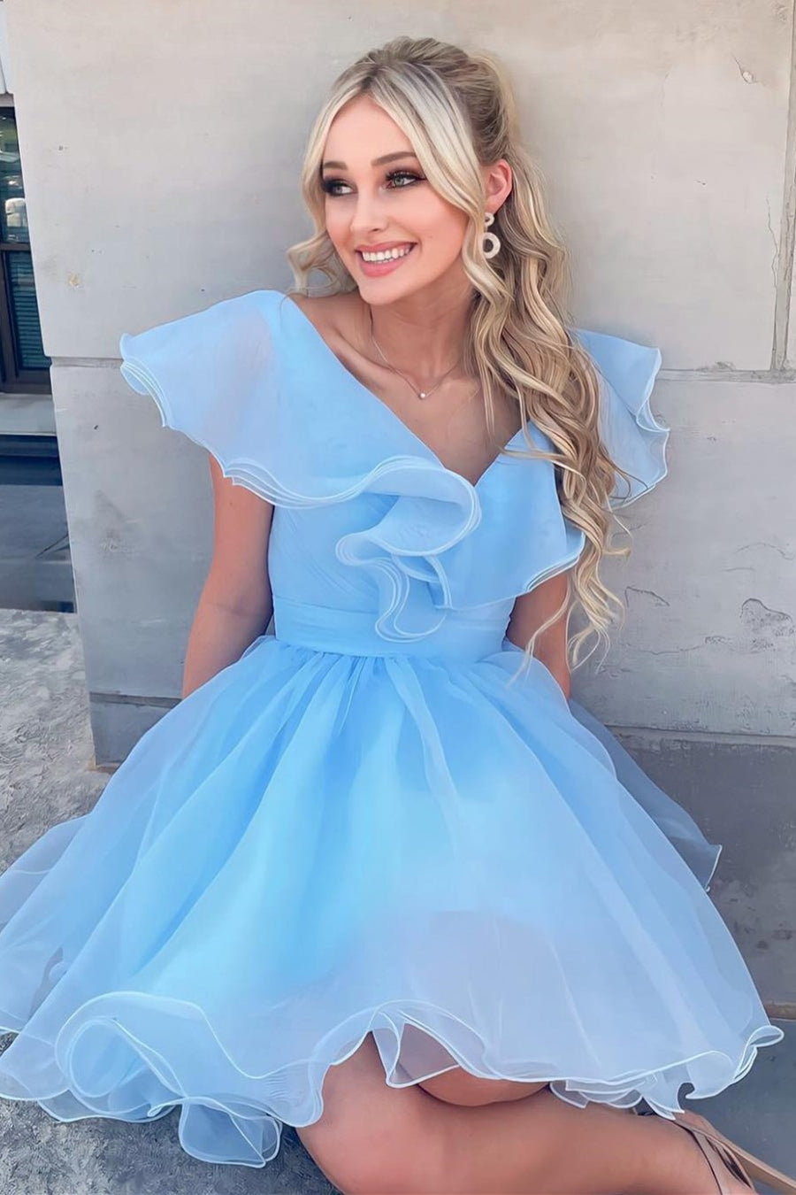 Light Blue Organza Ruffles A-Line Short Party Dress Modsele Light Blue Organza Ruffles A-Line Short Party Dress Modsele
