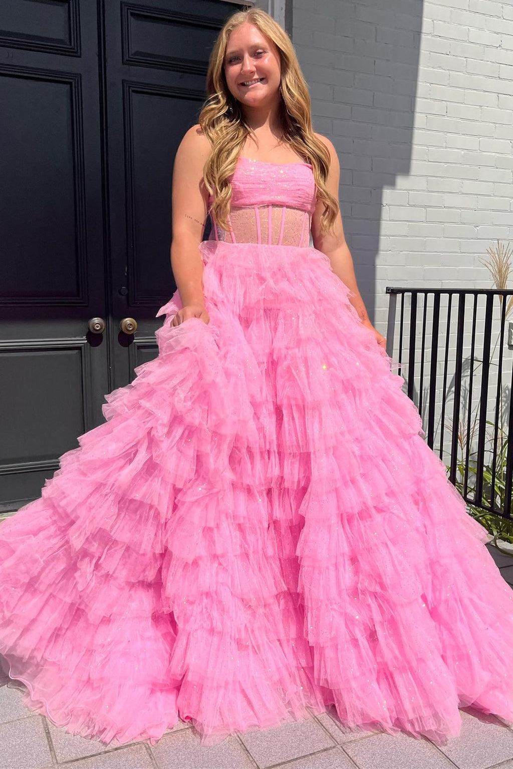 Pink Strapless Tulle Sequin A-Line Prom Gown – Modsele