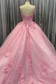 Pink Floral Appliques Sweetheart Lace-Up Ball Gown