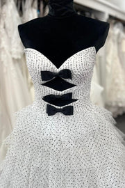 Polka Dot Strapless Ruffle Tiered Prom Gown with Keyholes