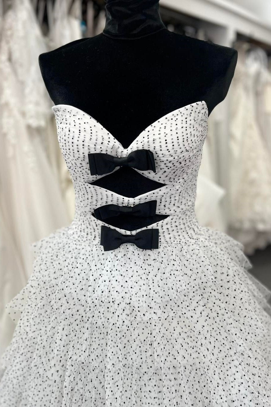 Polka Dot Strapless Ruffle Tiered Prom Gown with Keyholes Modsele Polka Dot Strapless Ruffle Tiered Prom Gown with Keyholes Modsele