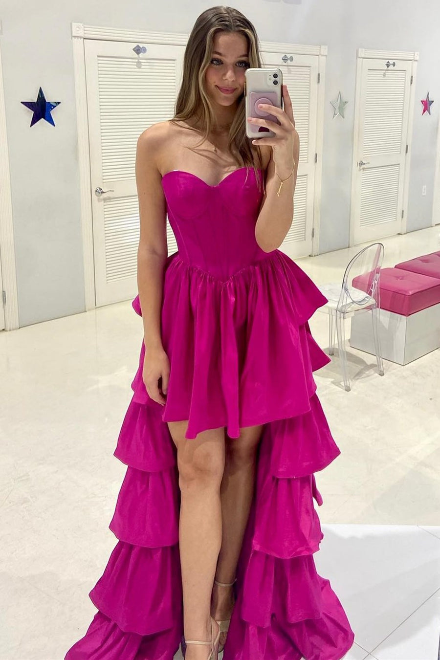 Magenta Sweetheart Ruffle Tiered High-Low Prom Dress
