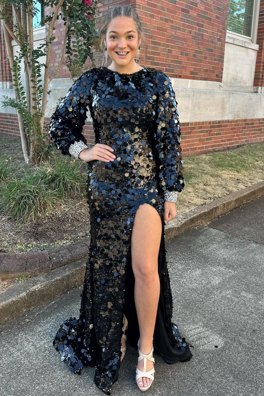 Black Sequin Backless Long Prom Dress with Long Sleeves