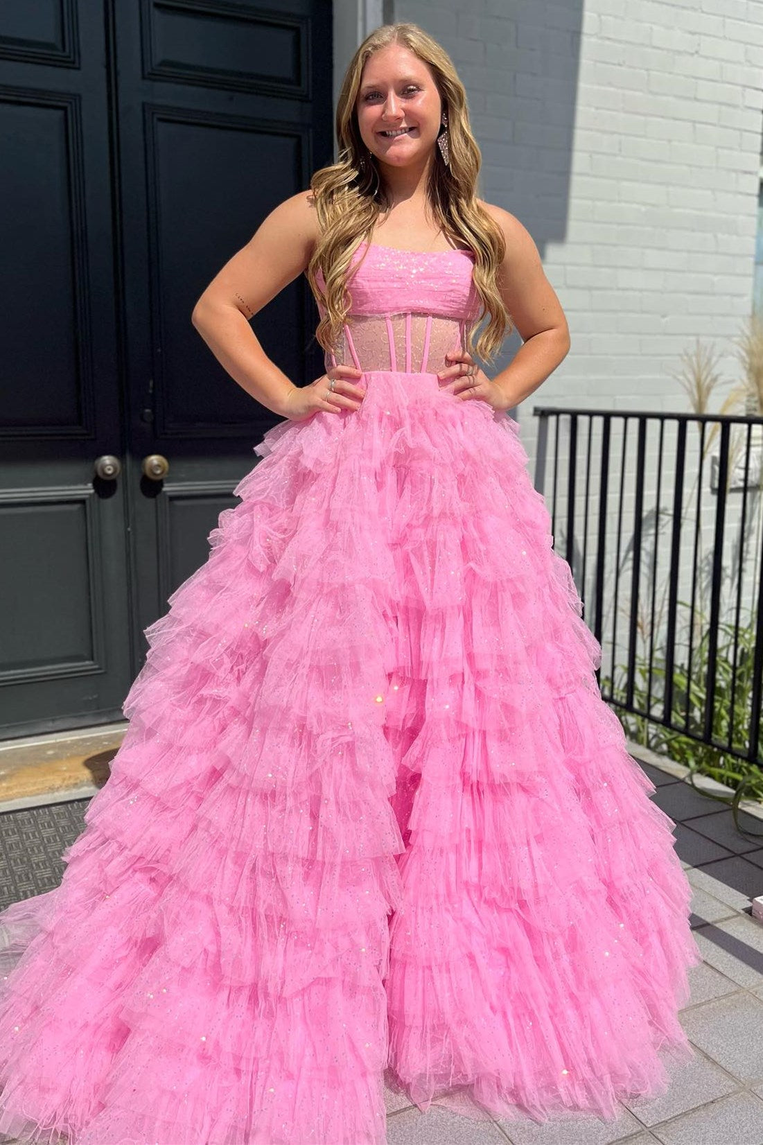 Pink Strapless Tulle Sequin A-Line Prom Gown