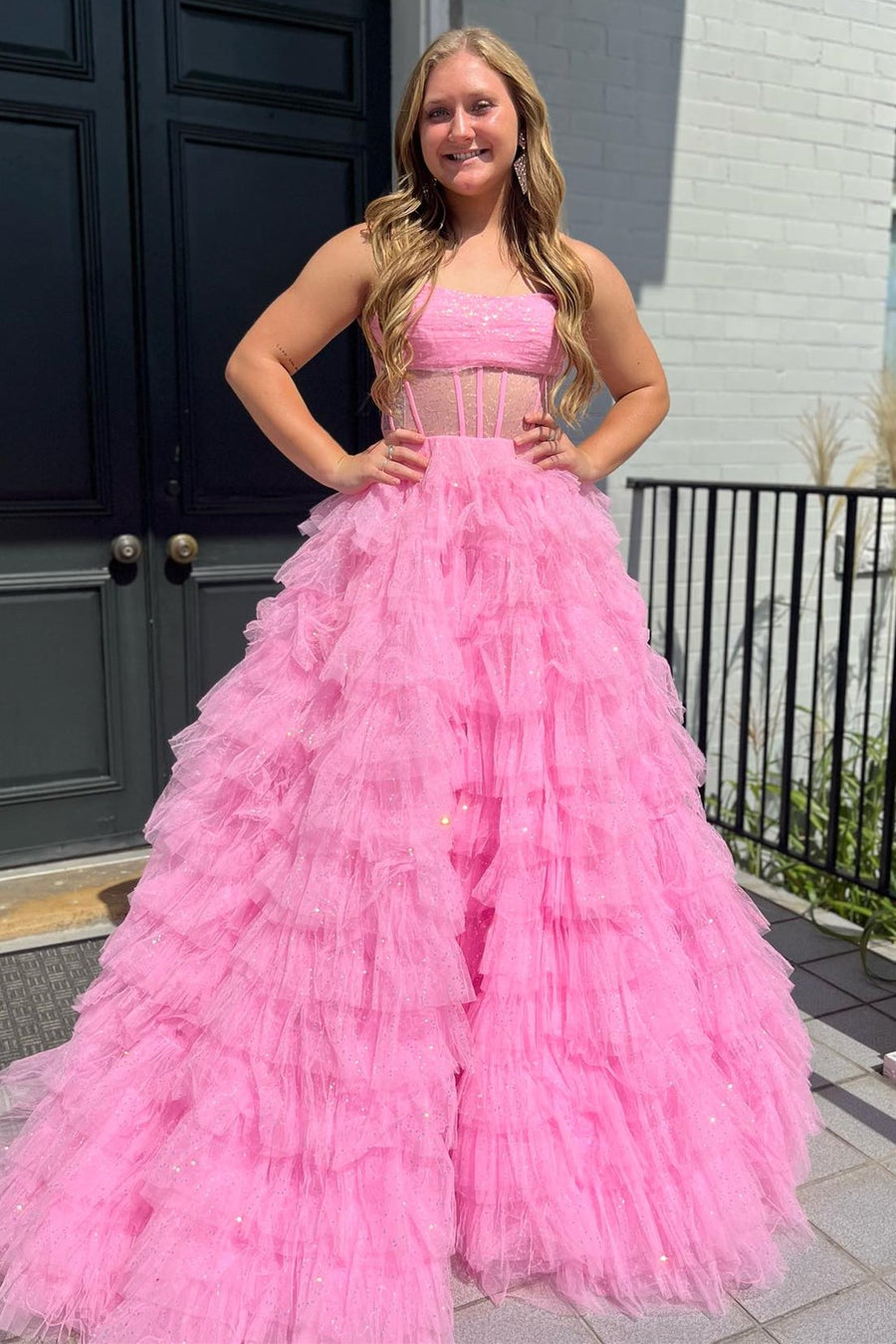 Pink Strapless Tulle Sequin A-Line Prom Gown