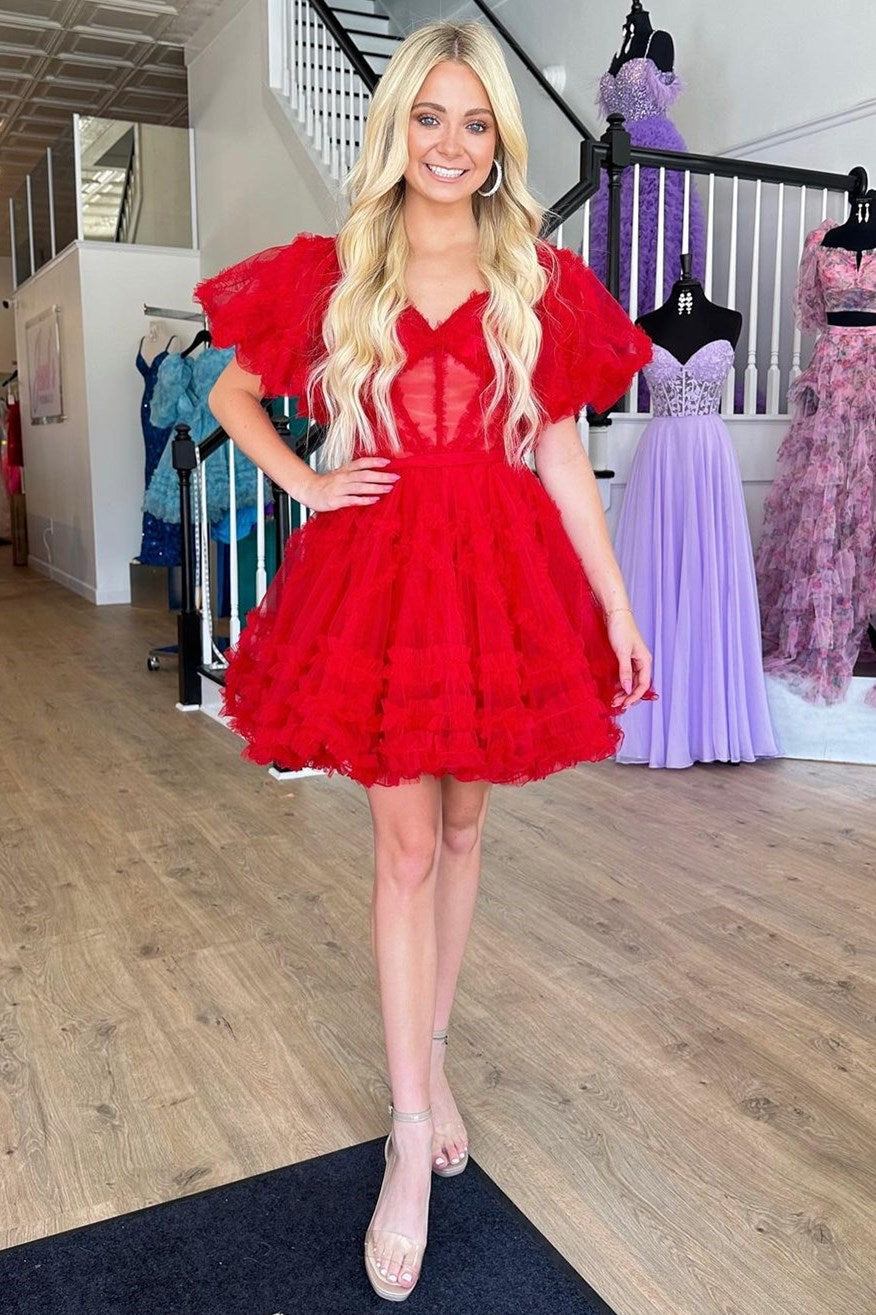 Red Sweetheart Puff Sleeve A-Line Short Party Dress with Ruffles