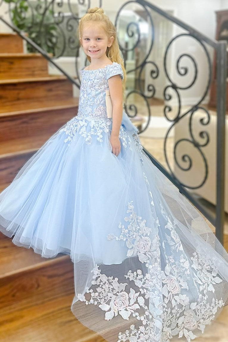 Light Blue Off-the-Shoulder Appliques Girl Birthday Dress with Attached Train