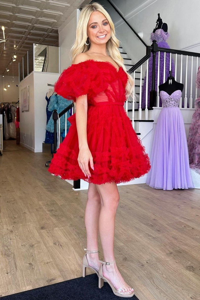 Red Sweetheart Puff Sleeve A-Line Short Party Dress with Ruffles