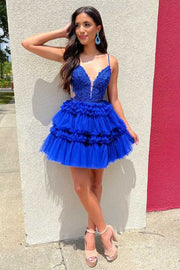 Plunging Neck Blue Applique A-line Ruffle Homecoming Dress 
