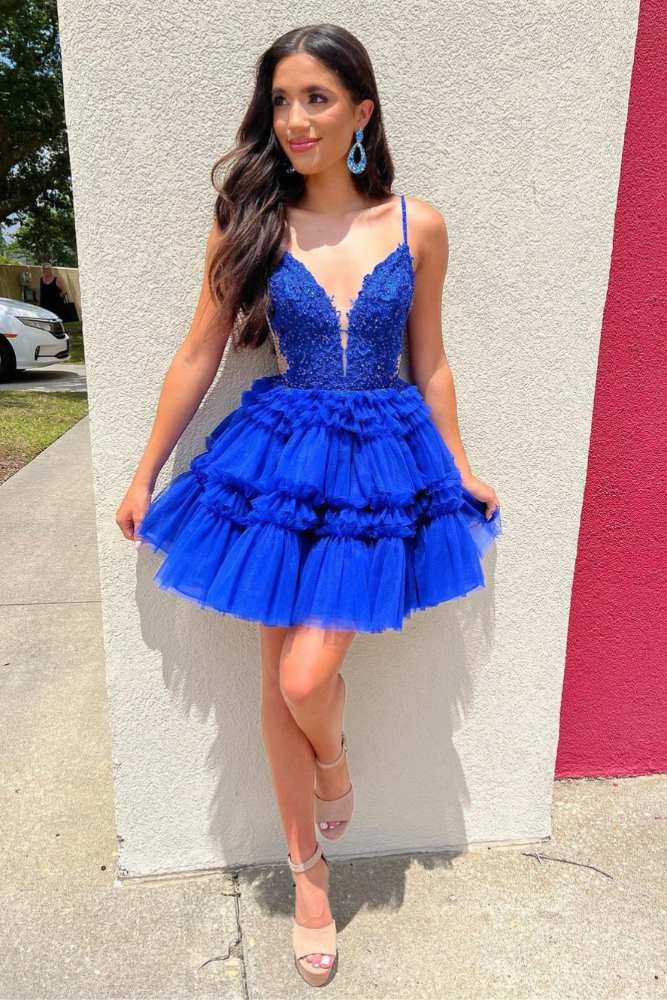 Plunging Neck Blue Applique A-line Ruffle Homecoming Dress