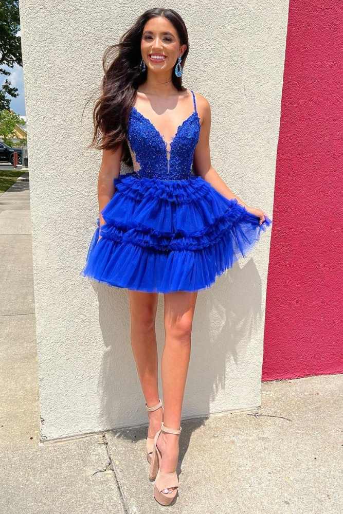 Plunging Neck Blue Applique A-line Ruffle Homecoming Dress