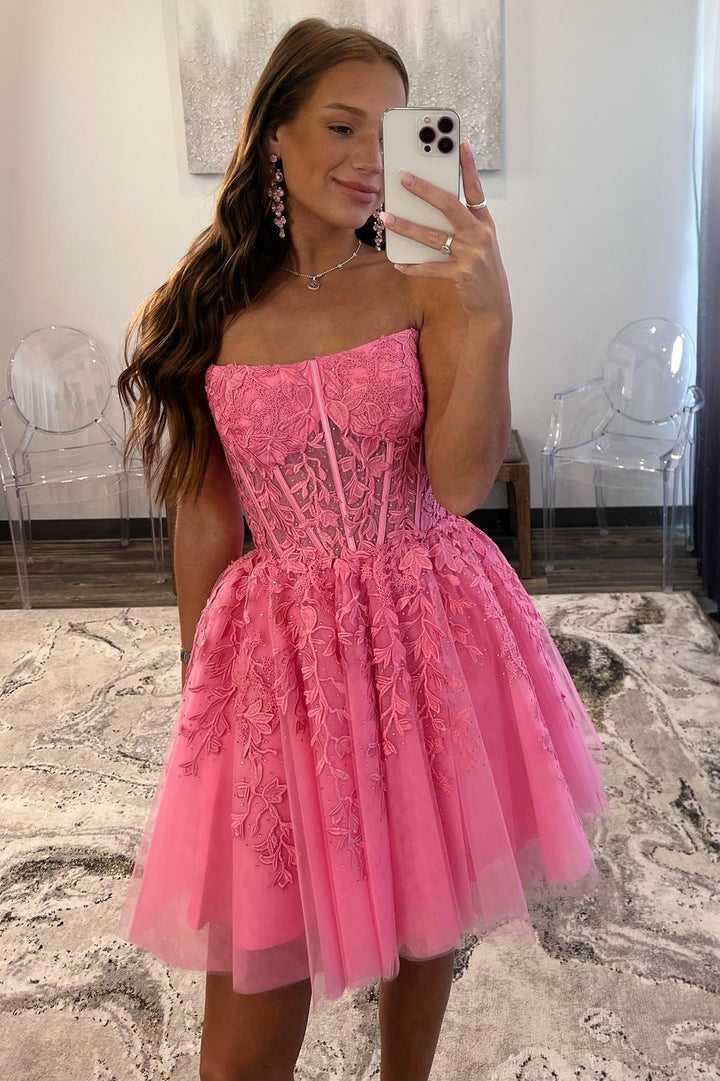 women's hot pink short strapless dress Homecoming - A-Line Party Dress Just add heels and a jewellery as the finishing touches Hot Pink Tulle Strapless A-Line