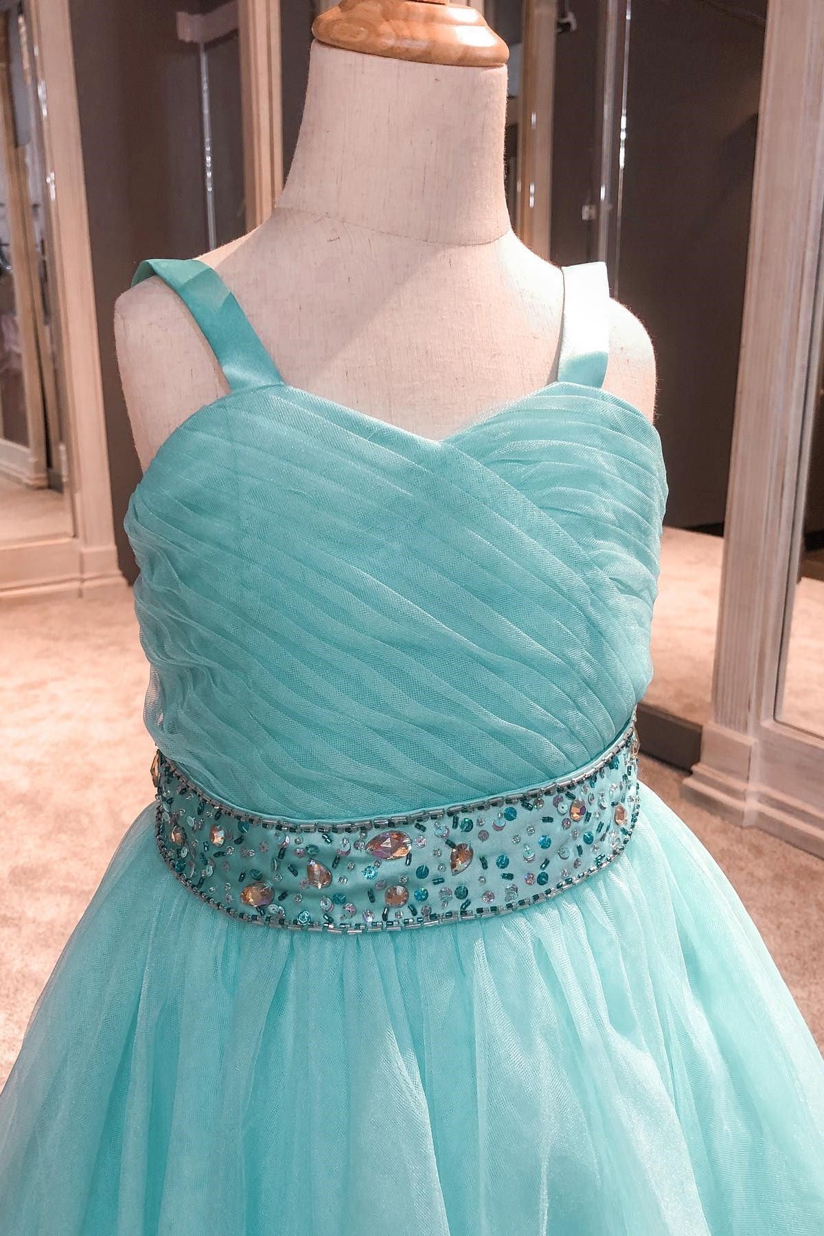 Aqua Blue Tulle A-Line Girl Pageant Dress with Rhinestones