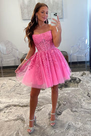 Hot Pink Tulle Strapless A-Line Short Gown with Appliques