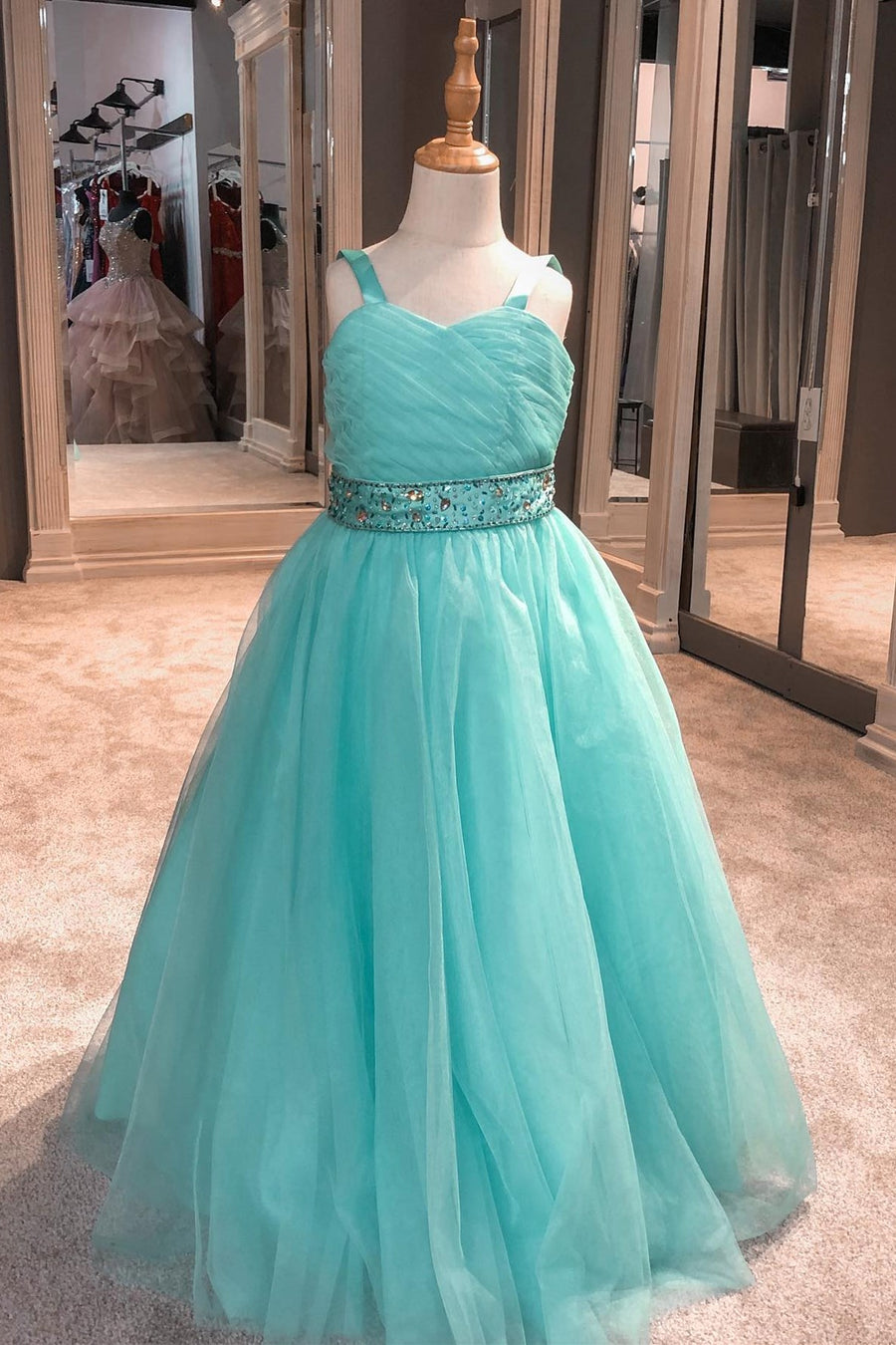 Aqua Blue Tulle A-Line Girl Pageant Dress with Rhinestones