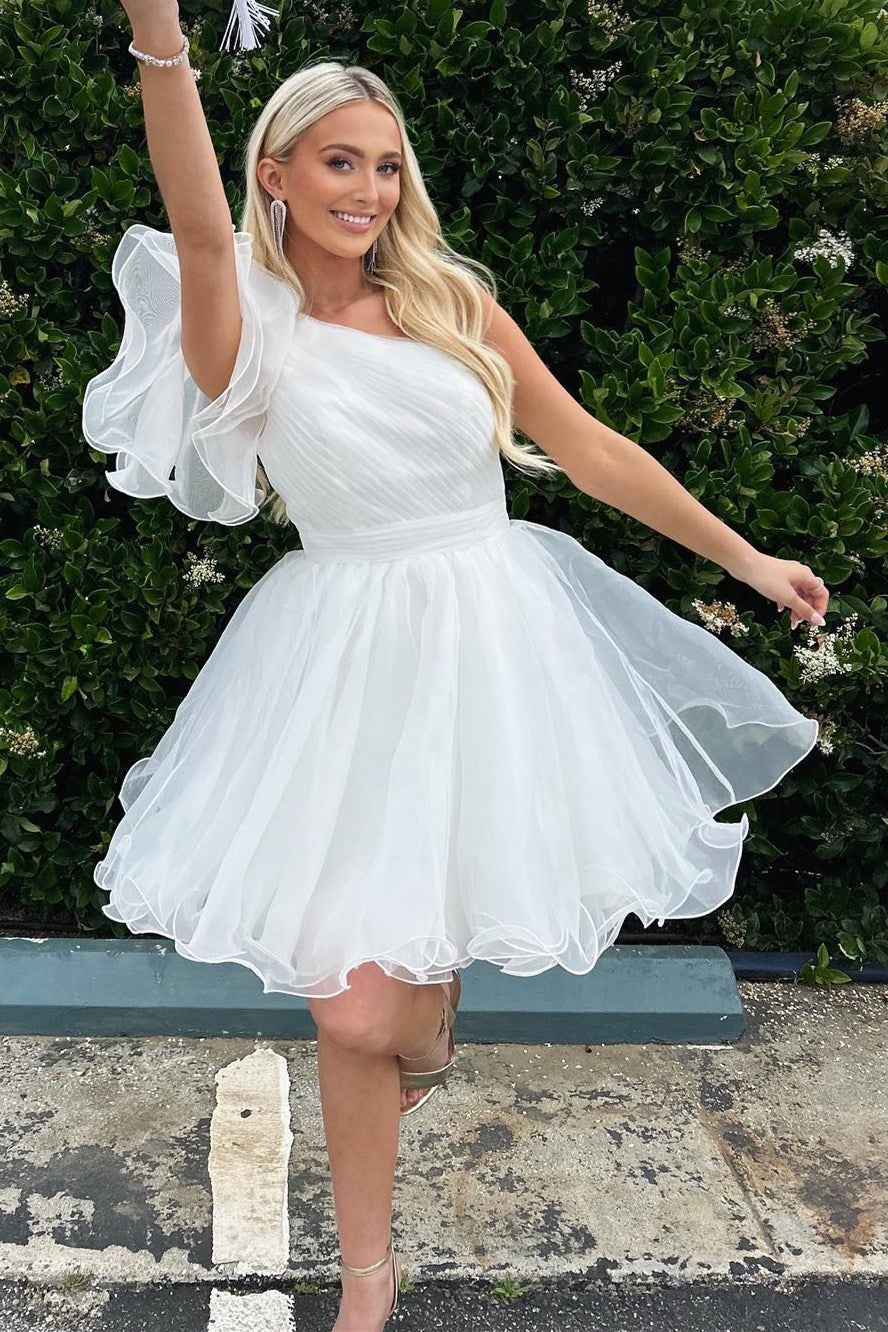 White One-Shoulder Ruffles A-Line Homecoming Dress