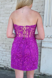 Hot Pink Appliques Strapless Lace-Up Mini Homecoming Dress