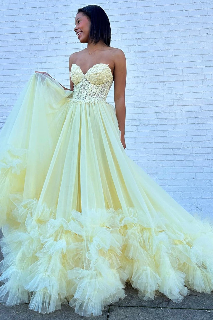 Red Tulle Appliques Sweetheart Ruffle Long Prom Dress