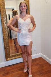 Cream Sequin Appliques Lace-Up Short Homecoming Dress