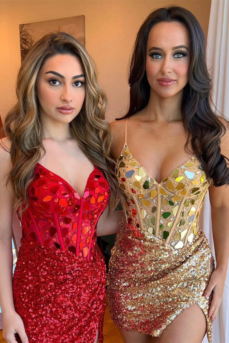 Red Mirror-Cut Sequins Straps V Neck Homecoming Dress Modsele Red Mirror-Cut Sequins Straps V Neck Homecoming Dress Modsele