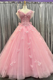 Pink Tulle 3D Floral Lace Bow-Back Ball Gown with Flutter Sleeves