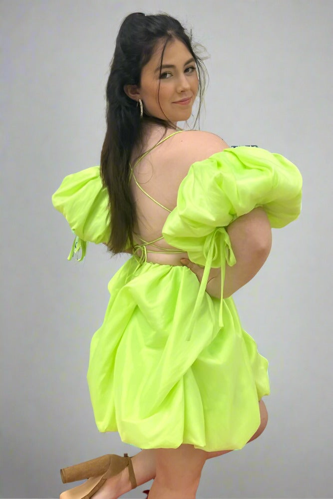 Lemon Green A-line Ruffle Homecoming Dress with Detachable Sleeves