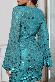 Turquoise Sequin Plunge V Mini Dress with Long Sleeves