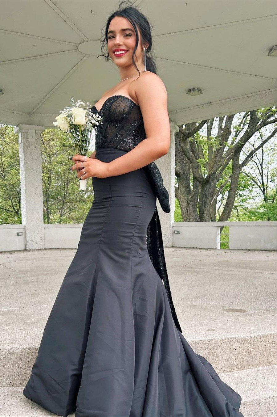 Red prom dress with clearance bow on the back