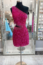 Fuchsia Sequin One-Shoulder Short Homecoming Dress with Fringe