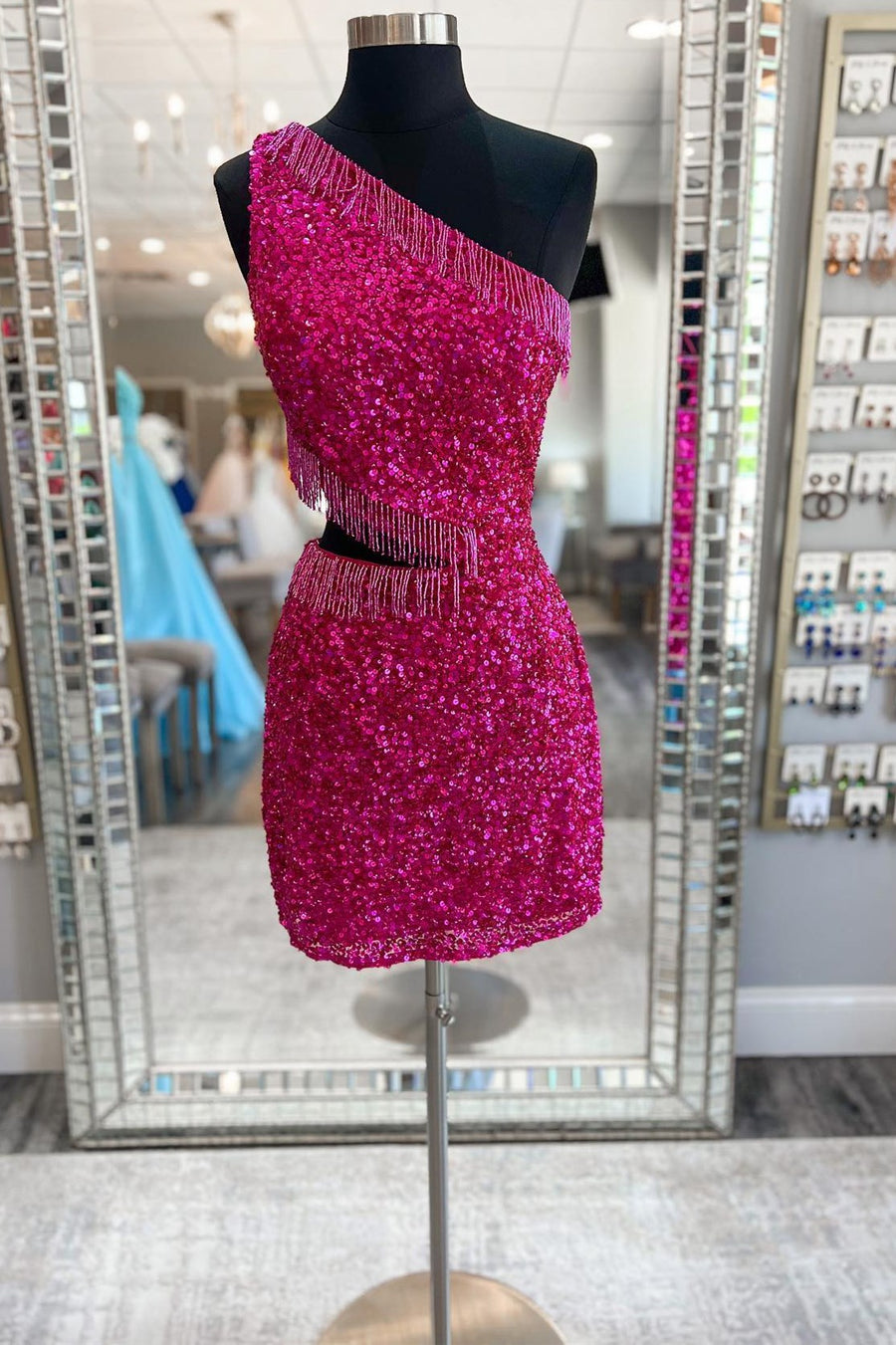 Fuchsia Sequin One-Shoulder Short Homecoming Dress with Fringe Modsele Fuchsia Sequin One-Shoulder Short Homecoming Dress with Fringe Modsele