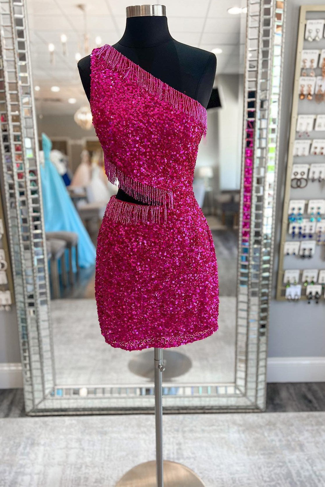 Fuchsia Sequin One-Shoulder Short Homecoming Dress with Fringe – Modsele