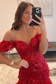 Red Sequin-Embroidery Off-the-Shoulder Tiered Long Prom Dress with Slit