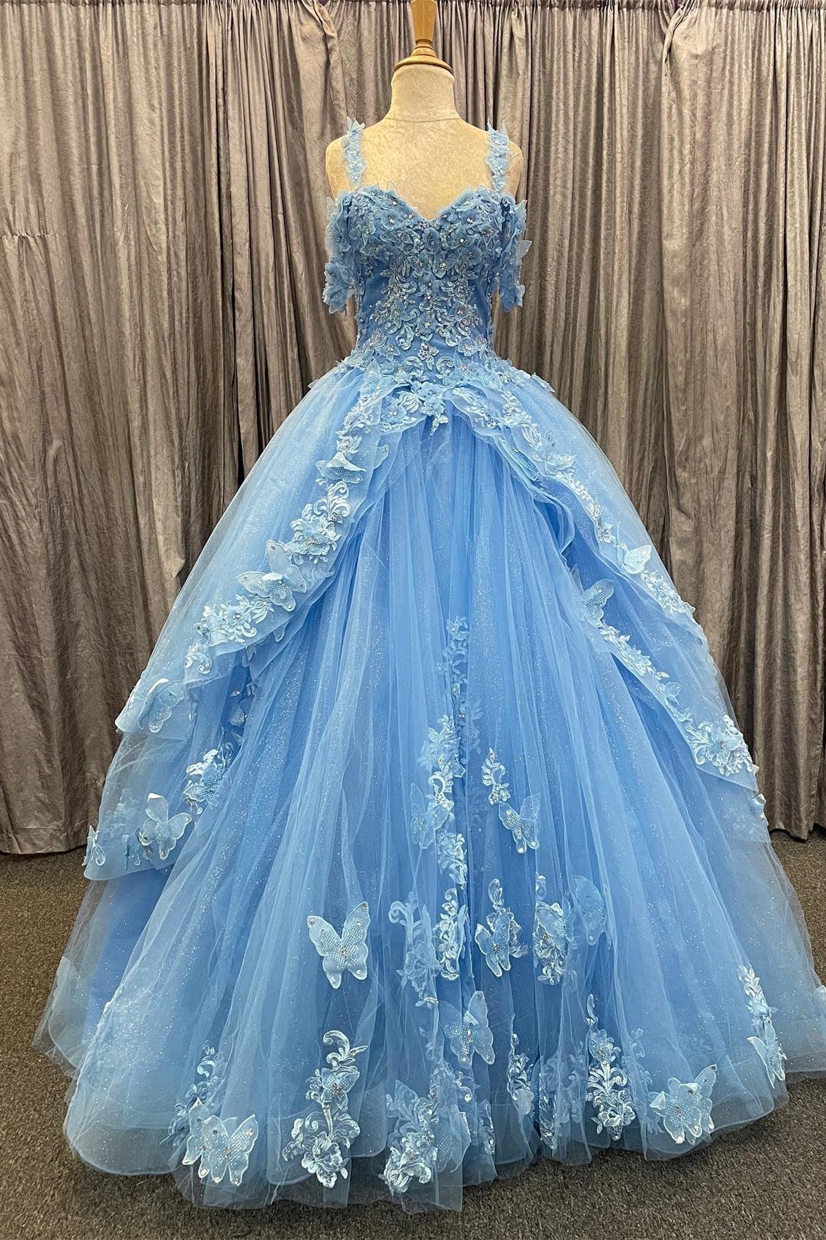 blue dress for baby girl Elegant & Classic A-Line V Neck Straps Sleeveless Open Back Tiered Floor Length Sky Blue Prom Dresses Dress with High Side Slit and Train US18 / main image 0