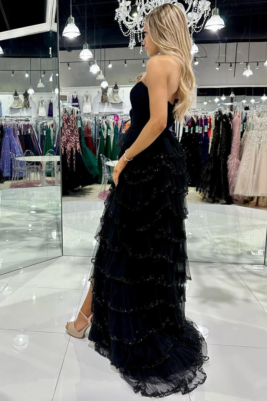 Black Tulle Strapless Ruffle Beaded Long Prom Dress with Slit Modsele Black Tulle Strapless Ruffle Beaded Long Prom Dress with Slit Modsele