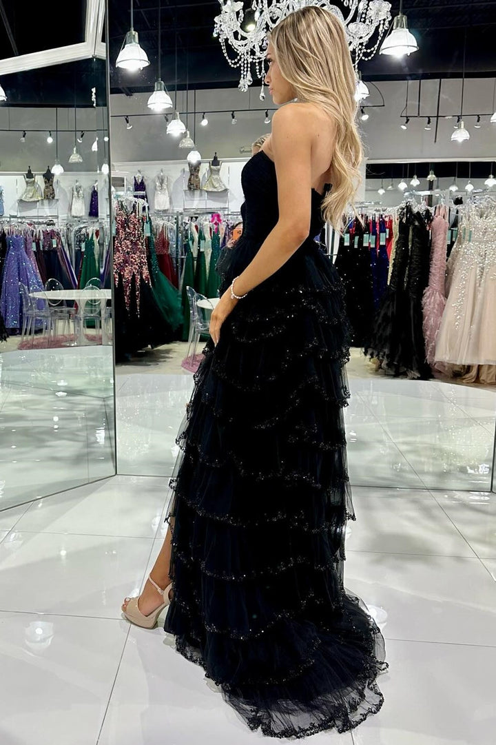Black Tulle Strapless Ruffle Beaded Long Prom Dress with Slit