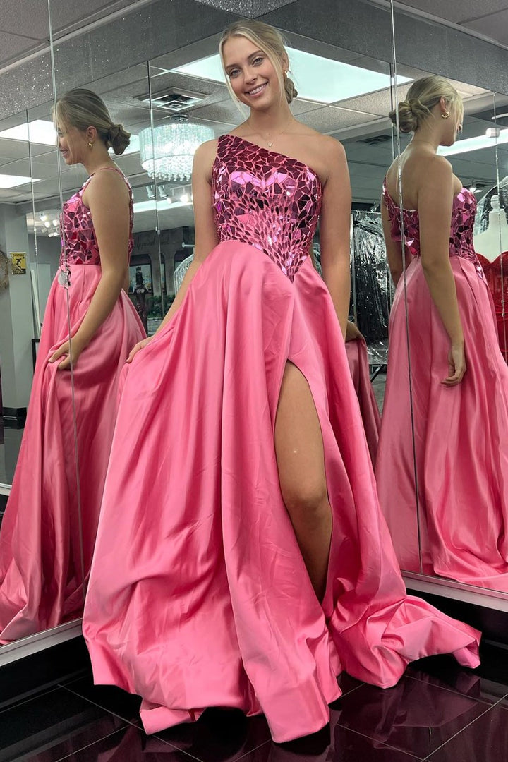 Blue Cut Glass Mirror One-Shoulder A-line Long Prom Dress