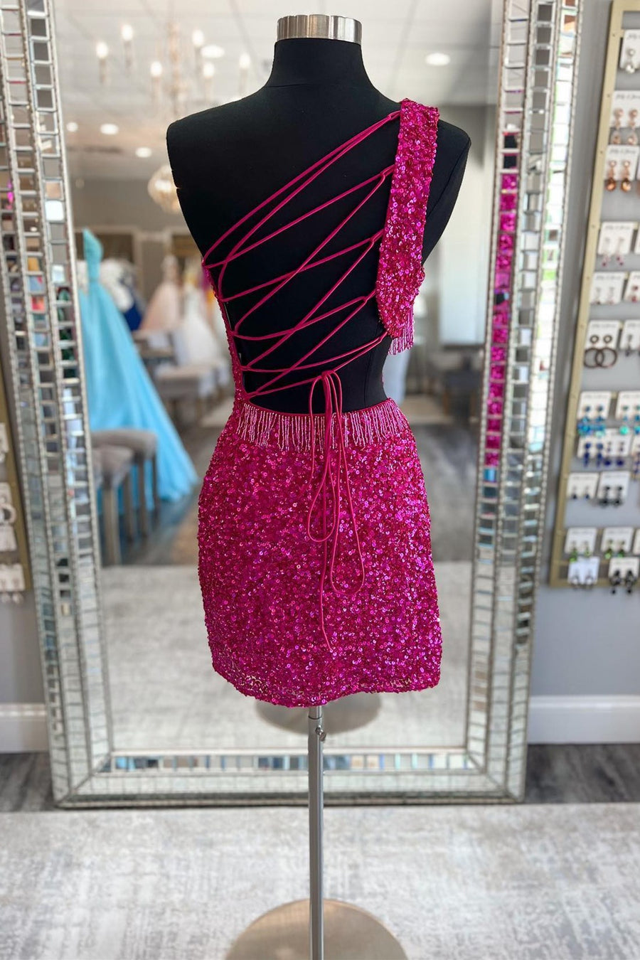 Fuchsia Sequin One-Shoulder Short Homecoming Dress with Fringe Modsele Fuchsia Sequin One-Shoulder Short Homecoming Dress with Fringe Modsele