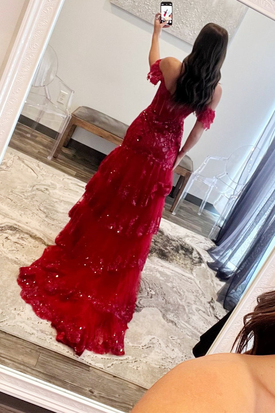 Red Sequin-Embroidery Off-the-Shoulder Tiered Long Prom Dress with Slit