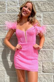 Pink Cold-Shoulder Bodycon Short Dress with Feathers
